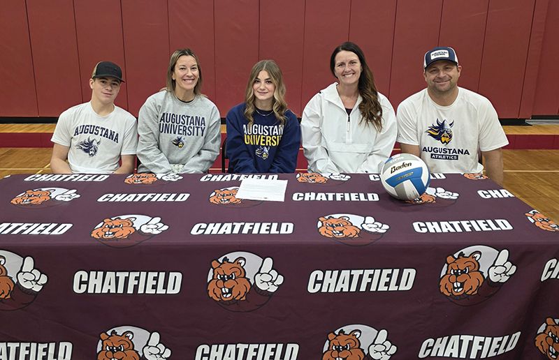 Chatfield’s Harper Goldsmith recently signed a letter of intent to play college volleyball at Augustana University. The two-time Class AA All-State selection is pictured (left to right) with her brother Lincoln, mom Erika, Coach Kristi Rindels, and dad Josh. Photo submitted
