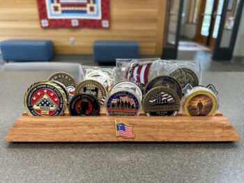 Cemetery Representative/OAS Sr. Sasha Holst shared that the Challenge Coin Collection is on display at the Minnesota State Veterans Cemetery in Preston. Photos by Sasha Holst
