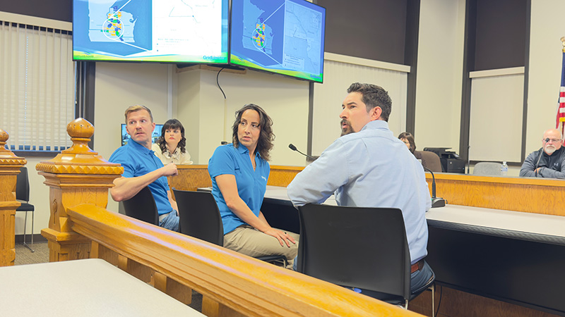 Joshua Daubenspeck, Jessica Hewitt, and Clay DeWitt turned to answer questions from the audience regarding the MariBell 765/161 kV Transmission Project. Photo by Charlene Corson Selbee