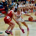 LeRoy-Ostrander’s Mabel Johnson tries to stop Lanesboro’s Jensyn Storhoff from taking her drive into the paint amidst the Burros’ 46-33 season-opening SEC win in girls basketball. Photo by Ron Mayer