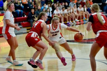 LeRoy-Ostrander’s Mabel Johnson tries to stop Lanesboro’s Jensyn Storhoff from taking her drive into the paint amidst the Burros’ 46-33 season-opening SEC win in girls basketball. Photo by Ron Mayer