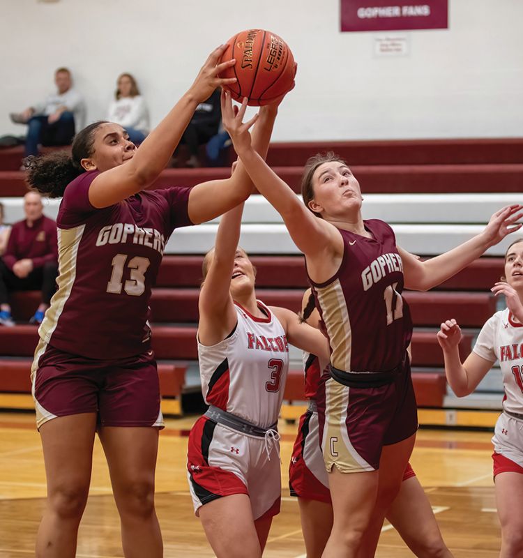 Chatfield’s Amaya Harmening (#13) and Julia Goldsmith (#11) have dibs on a rebound while Wabasha-Kellogg’s Eve Pavelka also is in the mix in the Gophers’ 58-51 TRC win, victory #1 for Chatfield. Photo by Leif Erickson