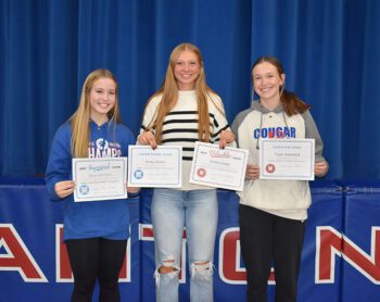 Mabel-Canton announced its volleyball awards. Individual team award winners are (L to R) Gwen Rein (Hardest Worker), Kinley Soiney (Hardest Worker, Most Valuable Player), and Tylar Wenthold (Team Player). Photo by Heather Kleiboer
