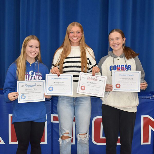 Mabel-Canton announced its volleyball awards. Individual team award winners are (L to R) Gwen Rein (Hardest Worker), Kinley Soiney (Hardest Worker, Most Valuable Player), and Tylar Wenthold (Team Player). Photo by Heather Kleiboer