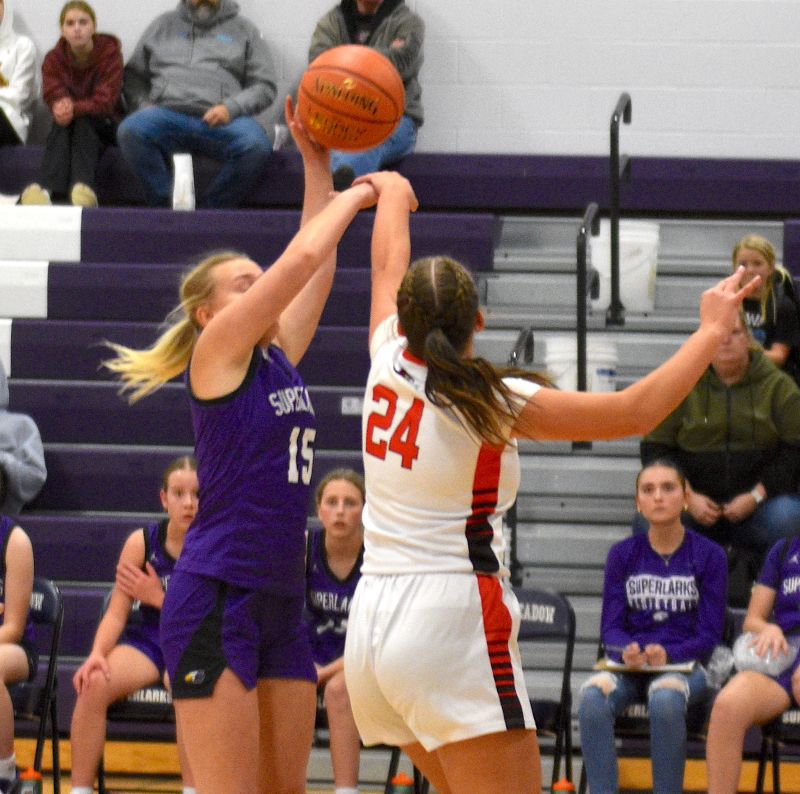 SG/MC forward Brinley Middendorf blocks this shot of Madi Clapp during the Lions’ 70-33 road win at Grand Meadow, a re-match of last year’s Co-SEC champions. Photo by Lee Epps