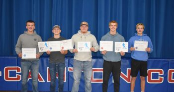 Mabel-Canton announced it football awards. Individual team award winners are (L to R) Treyson Tollefsrud (Most Valuable Scout Team), Kale Tollefsrud (Co-M.V.P., Prepared Hardest, Most Valuable Offensive Player), Milton Hutchinson (Most Valuable Lineman), Isaac Underbakke (Co-M.V.P., Most Valuable Defensive Player), and Josh Whitney (Most Improved). Photo by Heather Kleiboer