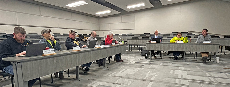 The R-P School Board listens to Dr. Bernard’s updates on the building bond; from left to right: Carl Schollmeier, Jeff Michel, Matt Helgemoe, Ken Sawle, Nancy Snyder, Superintendent Ben Bernard, Chair Amy Woxland and Chris Grindland. Photo by Wanda Hanson
