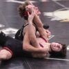 LARP’s Carter Bronk and GMLOS’ Cael Smith get physical in a 145-pound match at the Screamin’ Eagles’ quadrangular. Bronk won by 18-14 decision and LARP swept the quad plus a home triangular (including topping #3 K-W). All told, they went 7-1 on the week to improve to 5-1 in the TRC, 16-3 overall. Photo by Paul Trende