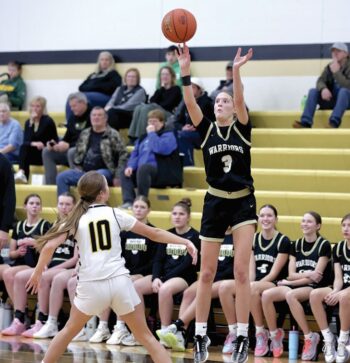 Caledonia’s Aubrie Klug hoists a three in the Warriors 81-54 win over PEM. Klug scored 39 points on nine made threes in the game and added 29 more points in a win over St. Charles. The Warriors (7-0, 10-3) lead the TRC-East over Cotter/HL (4-2, 7-7). Photo by Craig Johnson