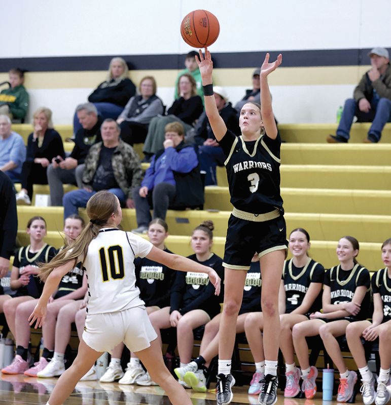 Caledonia’s Aubrie Klug hoists a three in the Warriors 81-54 win over PEM. Klug scored 39 points on nine made threes in the game and added 29 more points in a win over St. Charles. The Warriors (7-0, 10-3) lead the TRC-East over Cotter/HL (4-2, 7-7). Photo by Craig Johnson