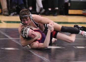 LARP’s Michael Alexander has GMLOS’ Parker Armagost in a bit of trouble in a 133-pound match. LARP took the dual 53-19, part of sweeping a home quadrangular. Photo by Paul Trende