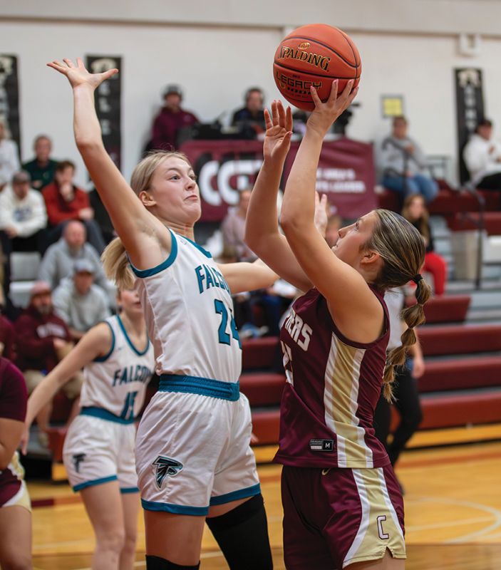 Fillmore Central’s Sophia Bronner gears up to try to reject the shot of Chatfield’s Makenna Dornack in the Falcons’ 65-58 TRC win. Photo by Leif Erickson