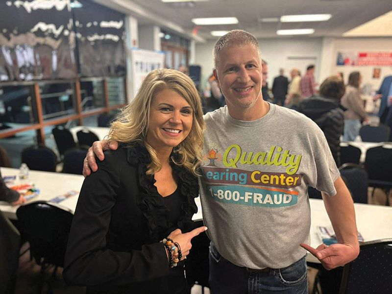 Alpha News Reporter Liz Collin stands next to Bill Fishbaugher, of Canton, at a special event hosted by the Fillmore and Houston County GOP groups at the Mabel Community Center, giving Gubernatorial Republican candidates an opportunity to present their plans for leading the State of Minnesota if they get elected. Photo submitted