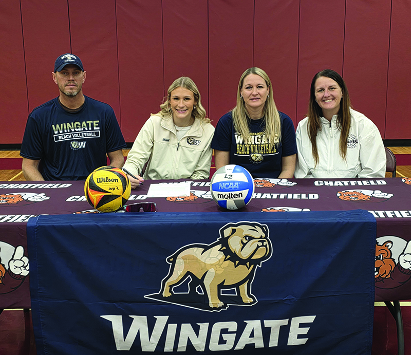 Chatfield senior Trindy Barkeim has signed a letter of intent to play college beach volleyball at Wingate University in North Carolina. Barkeim is pictured with her dad Justin Barkeim, mom Becky Majerus, and her Chatfield Gopher volleyball coach Kristi Rindels (right). Photo submitted