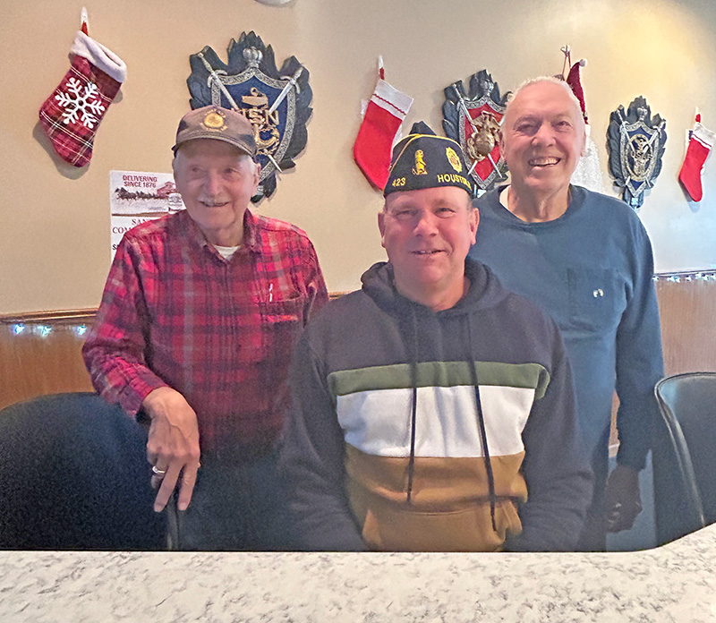 The heart of Houston’s American Legion form left to right: Ron Belongie, treasurer; Tom Hill, commander; and John Geiwitz, gambling and military funerals. Photo by Wanda Hanson