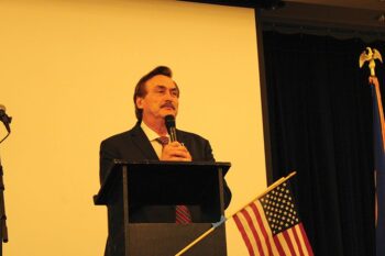 Mike Lindell, known as the “My Pillow Guy,” spoke to the crowd about his plans if he is elected to the be the next Minnesota Governor. Photo by Jason Sethre