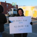 Linda O’Connor of rural Preston, was among 25 DFL-led protestors holding up signs in opposition of President Trump’s administrative policies. She joined a group of protestors in Chatfield, that has been exercising their Freedom of Speech, striving to make their voices heard. Photo by Jason Sethre