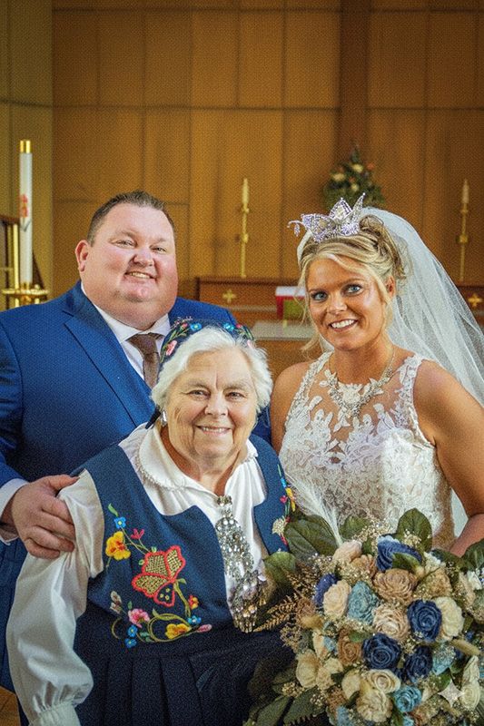 Ryan and Jaclyn with Grandma Geneva Tweeten. Geneva is wearing her bunad and Jaclyn wears a Norwegian wedding crown and jewelry. Photo submitted