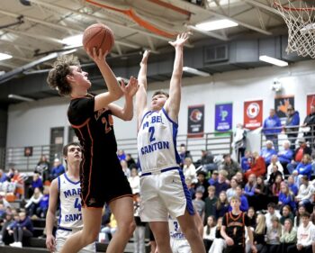 Mabel-Canton’s Brevyn Tollefsrud is focused to stop Lanesboro’s Nick Taylor, but the latter and his team are the ones locked in, knocking off Lewiston-Atltura 69-57 and the Cougars 60-42. The Burros (8-2, 14-3) continue to lead the SEC-East over nearest foe, the Cougars (7-4, 12-6). Photo by Craig Johnson