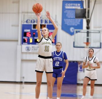 Caledonia’s Kensey King attempts a free throw in the Warriors 77-55 TRC win over Cotter/Hope Lutheran. The senior scored a team-best 21 points to help Caledonia to victory. Photo by Craig Johnson