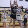 Fillmore Central’s Kyla Hellickson looks to get a piece of the shot of Caledonia’s Peyten Felten in the teams’ TRC finale. The Warriors topped the Falcons 64-22 to rip through league play undefeated (14-0) and they also improved to 20-8 on the year. Photo by Paul Trende