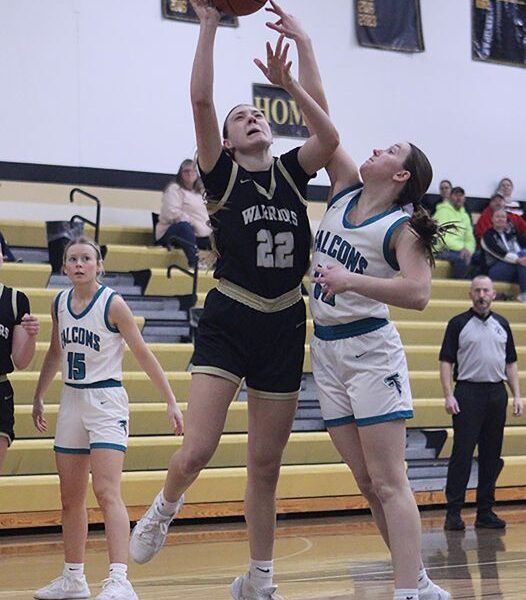 Fillmore Central’s Kyla Hellickson looks to get a piece of the shot of Caledonia’s Peyten Felten in the teams’ TRC finale. The Warriors topped the Falcons 64-22 to rip through league play undefeated (14-0) and they also improved to 20-8 on the year. Photo by Paul Trende