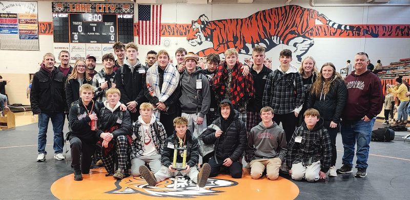 Chatfield wrestling claimed first place as a team at the Lake City Tourney with Joey Cady (107), Gunner Polikowsky (114), Jameson Priebe (121), Logan Pearson (127), Layne Root (139), and Hunter Polikowsky (145) all taking first. Photo submitted