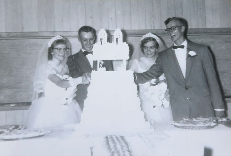 Bud and Ellen Aasum were married in a double wedding ceremony with Ellen’s identical twin sister Evelyn Vatland, and her husband Mervin Vatland, on August 28, 1955. Photo submitted