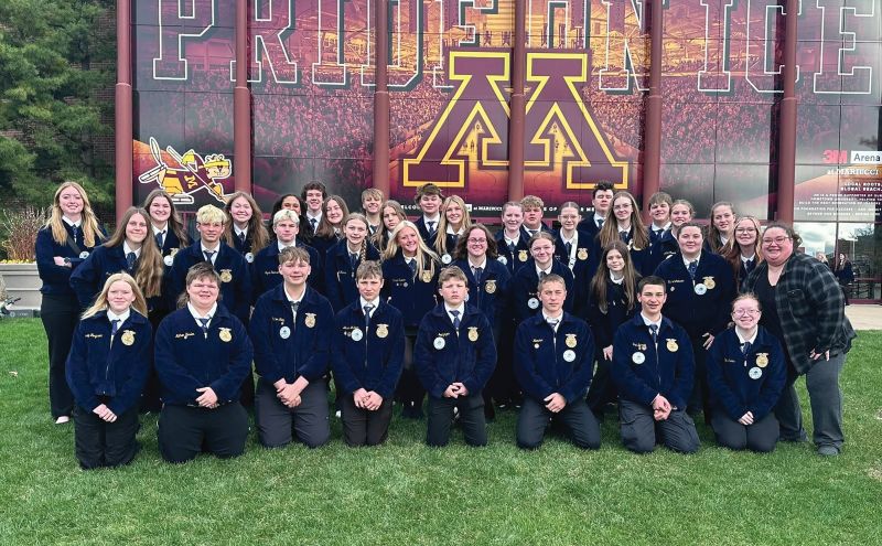 State Convention, left to right, front row: Joesey Ferguson, Nathan Kesler, Carter Lange, Austin Mulhern, Wes Goetzinger, Eli Manahan, Reid Bernau, Abbigail Juers. Second row: Anna Bernau, Jameson Priebe, Logan Pearson, Jameson McManimon, Hannah Tweten, Amelia Sladek, Isabelle Severson, Melody Ward, Rachel Johnson, Hailey Hammill, Advisor Stacy Fritz. Third row: MaRae Reichstadt, Katy Briggs, Samantha Baker, Amaya Harmening, Simon Erding, Julia Goldsmith, Carson VanDeWalker, Eve Goetzinger, Karter Baldner, Amelia Biers, Baylee Hanson, Charlie Heppding, Gracie Bosma, Caden Voeltz, Lacey Stailey, Owen VanBuskirk, Addison Bernau.