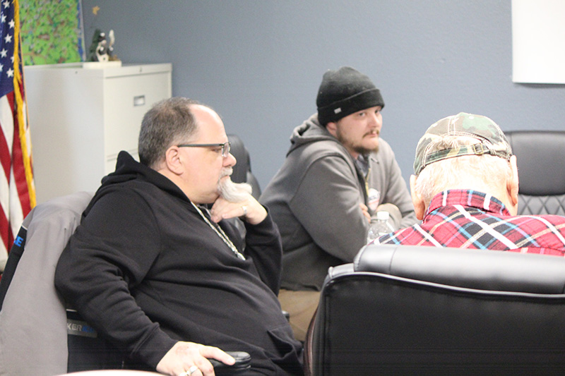 Fountain Councilors Cory Spratte, left, and Dave Stockton listen to Public Works concerns at the February 4 meeting. Photo by Kristen Zoellner