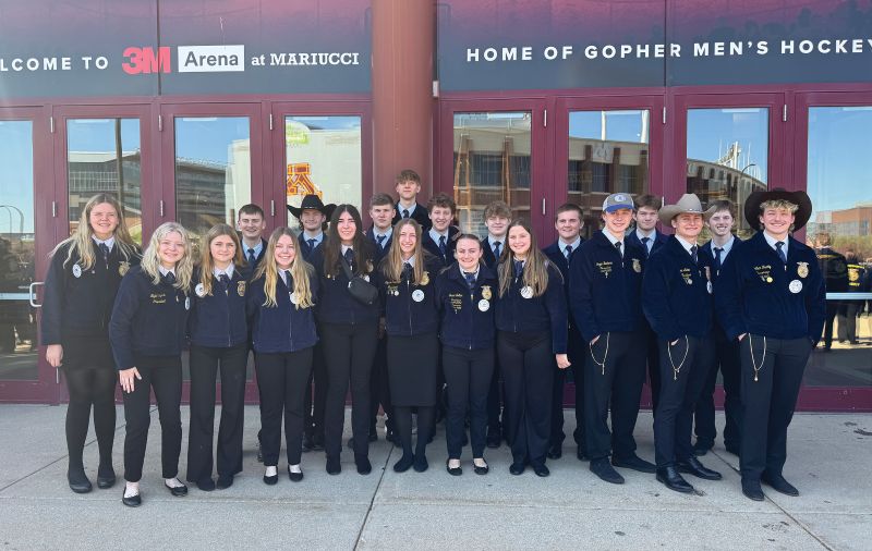 Grand Meadow FFA at the 2025 State Convention. The chapter had three teams compete in their respective state contests (Agronomy, Farm Business Management, and Fish & Wildlife). We also had two members serve as delegates for state business, two members participated in Courtesy Corp, and two members participated in the State FFA Choir.