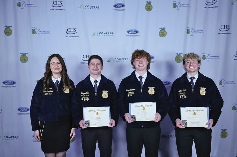Three members of the Grand Meadow FFA received their State Degrees at the 2025 State Convention. From left to right: Teague Alden, Logan Bachman and Nathan Fretty.