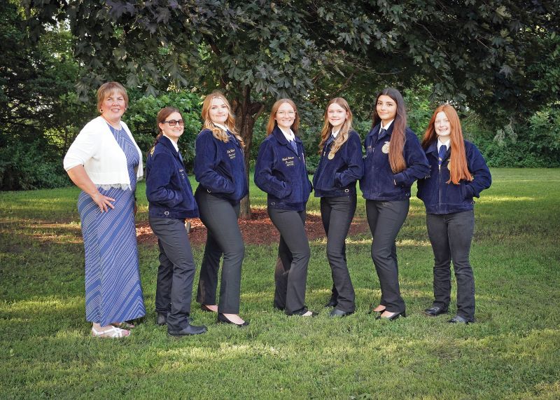 LeRoy-Ostrander FFA Officer Team 2, left to right: Mrs. Tiffany Timm (FFA advisor), Natalie Bunne (reporter), Kim Volkart (sentinel), Mabel Johnson (president), Catrina Main (vice president), Maria Almaraz-Nolt (secretary), Vivien Main (treasurer).