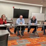 The Lanesboro School Board listens to speakers during the public input period; from left to right: Steve Storhoff, Sarah Peterson, Chair Steve Snyder, Mark Holmen, Kevin Horihan and Lucas Bergo. Photo by Wanda Hanson