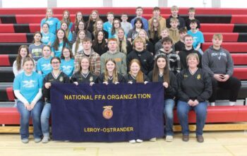 LeRoy-Ostrander Chapter FFA, left to right, front row: Ms. Alexa Houser (student teacher), Natalie Bunne, Mabel Johnson, Catrina Main, Vivien Main, Maria Almaraz-Nolt, Mrs. Tiffany Timm. Row 2: Audrey Main, Tierney Schulte, Cyndi Norby, Carson Roe, Ethan Lunning, Logan Diemer, Brayden Schaefer, Jackson Siskow, Tyler Farlinger. Row 3: Allie Bunne, Leah Leason, Tessa Lewison, RyleeAnn Kleeberger, Brittany Tucke, Ayla Reburn, Gavin Roe, Calvin Kiefer. Row 4: Ella Johnson, Emma Miller, Savannah Emerson, Keatyn Stockdale, Raelee Felper, Kirah Plagman, Azalya Dahl, Seth Siskow, Carter Emerson. Top row: Ally Siskow-Hoefs, Hailey Drees, Hannah Drees, Ivy Kiser, Huntley Harbaugh, Elliot Main, Xavier Lauseng, Grayson Stockdale, Max Reburn, Logan Drees.