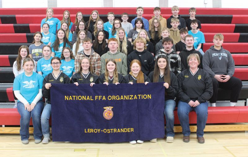 LeRoy-Ostrander Chapter FFA, left to right, front row: Ms. Alexa Houser (student teacher), Natalie Bunne, Mabel Johnson, Catrina Main, Vivien Main, Maria Almaraz-Nolt, Mrs. Tiffany Timm. Row 2: Audrey Main, Tierney Schulte, Cyndi Norby, Carson Roe, Ethan Lunning, Logan Diemer, Brayden Schaefer, Jackson Siskow, Tyler Farlinger. Row 3: Allie Bunne, Leah Leason, Tessa Lewison, RyleeAnn Kleeberger, Brittany Tucke, Ayla Reburn, Gavin Roe, Calvin Kiefer. Row 4: Ella Johnson, Emma Miller, Savannah Emerson, Keatyn Stockdale, Raelee Felper, Kirah Plagman, Azalya Dahl, Seth Siskow, Carter Emerson. Top row: Ally Siskow-Hoefs, Hailey Drees, Hannah Drees, Ivy Kiser, Huntley Harbaugh, Elliot Main, Xavier Lauseng, Grayson Stockdale, Max Reburn, Logan Drees.