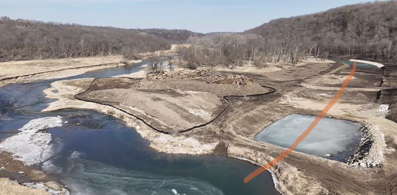 The new channel, highlighted in orange, where the river will be redirected in fall 2025. Photo submitted
