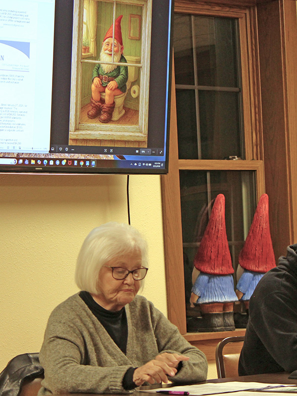 Peterson Councilor Gail Boyum details a new gnome mural project for the city campground and park. Photo by Kirsten Zoellner