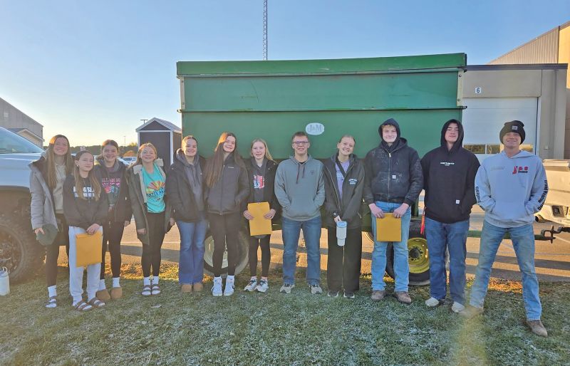 Corn Drive to raise money for True Friends and Spring Valley and Wykoff food shelves. Left to right: Hadley Knode, Kyra Betts, Kendyl Howard, Kinley Merkel, Mylah Montgomery, Audrey Montgomery, Hailey Runck, Landan Hunemueller, Gretchen Hubka, Blake Krahn, Kaleb Rainey, and Cody Howard. Photos submitted