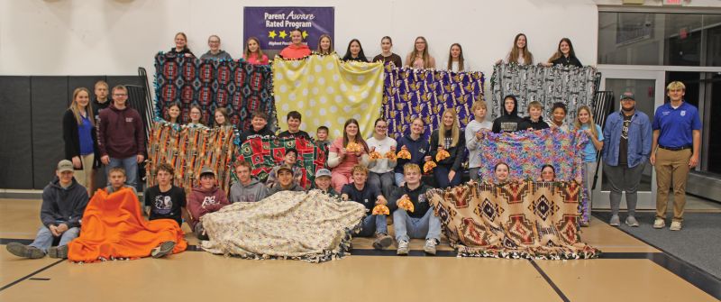 FFA Activity Night, tie blanket making for shelters, and Thanksgiving crafts for the Spring Valley Nursing Home. Top Row: Gracelyn Hubka, Zoey Chase, Sylvia Opseth, Esme Miller-Rubin, Audrina Opseth, Lily Wilson, Hadleigh Forland, Kesley Hunemueller, Brynna Montgomery, Hadley Knode, Kendyl Howard. Middle Row: Charlee Warren, Landan Hunemueller, Taylor Stuart, Isabel Aarsvold, Ella Musel, Eli Schmidt, Elijah Green, Cole Forland, Ashley Lange, Mylah Montgomery, Gretchen Hubka, Hailee Warren, Glayson Martin, Jace Cummings, Haiden Kappers, Serayah Turner, Lydia Redman, Isiah Williams. Bottom row: Bentley Himli-Heitman, Rylee Warren, Max Snitker, Lakin Tart, Lucas Lipkie, Jaxton Rubin, Thomas Hagstrom, Henry Howard, Cody Howard, Blake Krahn, Lilian Thompson, Liliah Gorr.