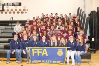 Spring Valley-Wykoff FFA 2025-2026 Chapter. Top row: Zander Thomas, Cole Forland, Jace Cummings, Elijah Green, Glason Martin, Haiden Kappers, Jaxton Rubin, Henry Howard. Row 2: Brooklyn Johnson, Taylor Stuart, Ella Musel, Sylvia Opseth, Liliah Gorr, Isabel Aarsvold, Zoey Chase, Nevaeh Hanson. Row 3: Clay Himli, Bentley Himli, Payton Kaase, Kendyl Howard, Hadley Knode, Kyra Betts, Hailey Runck, Audrey Montgomery, Kinley Merkel, Hailey Danielson. Row 4: Eli Flood, Lakin Tart, Eli Schmidt, Hadleigh Forland, Kesley Hunemuller, Brynna Montgomery, Esme Miller-Rubin, Audrina Opseth, Maddy Montgomery, Lily Wilson. Row 5: Olivia Gilbert, Halli Frank, Bennett Knode, Karson Schmidt, Kypton Mensink, Max Snitker, Tate Rasmussen. Row 6: Bryson Zweibohmer, Aiden Stier, Skylar Lentz, Isiah Williams, Kaleb Rainey, Jacob Musel. Bottom Row: Landan Hunemuller, Blake Krahn, Cody Howard, Ashley Lange, Hailee Warren, Lydia Redman, Mylah Montgomery, Gretchen Hubka. Not pictured: Thomas Hagstrom, Brantley Harwood, Gracelyn Hubka, Lillian Thompson, Serayah Turner, Mason Klomps, Annabella Lastine, Carson Smith, Rylee Warren, Payton Berken, Easton Johnson, Leyton Leslie, Serenity Turner, Charlee Warren, Lucan Lipkie, and Jaelee Hagstrom.