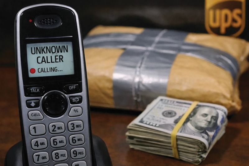Cash and a taped package sit next to a phone displaying an “Unknown Caller” alert, illustrating how a recent grandparent scam targeted a Fillmore County man through secrecy and urgency. Image created by AI
