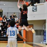 Lanesboro’s Nick Taylor throws it down in the Burros’ 92-49 Section 1A Round of 16 win over Rochester Math and Science Academy. The junior surpassed 1,000 career points in the game and the win clinched Lanesboro’s boys’ their first trip to Rochester and a section quarterfinal since 2013-2014. Photo by Ron Mayer