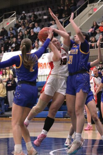 In her last high school game, Lanesboro fifth-year starter Jensyn Storhoff takes the ball to the hoop against Hayfield/SA defenders Jenna Christopherson (#2) and Lily Morrissey (#23). Storhoff was honored with the Section AAA award before the game, tallied 27 points during it, but the Burros fell 74-59. Photo by Paul Trende