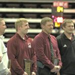 At the individual tourney on February 21, Chatfield head wrestling coach Matt Mauseth (third from left) was honored as Section 1A Coach of the Year. Mauseth and the rest of his Gopher coaches have guided the Gophers to three straight Class A finals matches, while producing 32 total state entrants in the span (25 guys, seven girls). Photo by Paul Trende