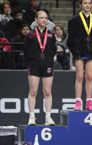 Five Chatfield gal wrestlers took on the state tourney but just one placed. Senior Emily Bova (25-8) went 3-3 for the event and took 6th-place at 106-pounds. Photo by Paul Trende