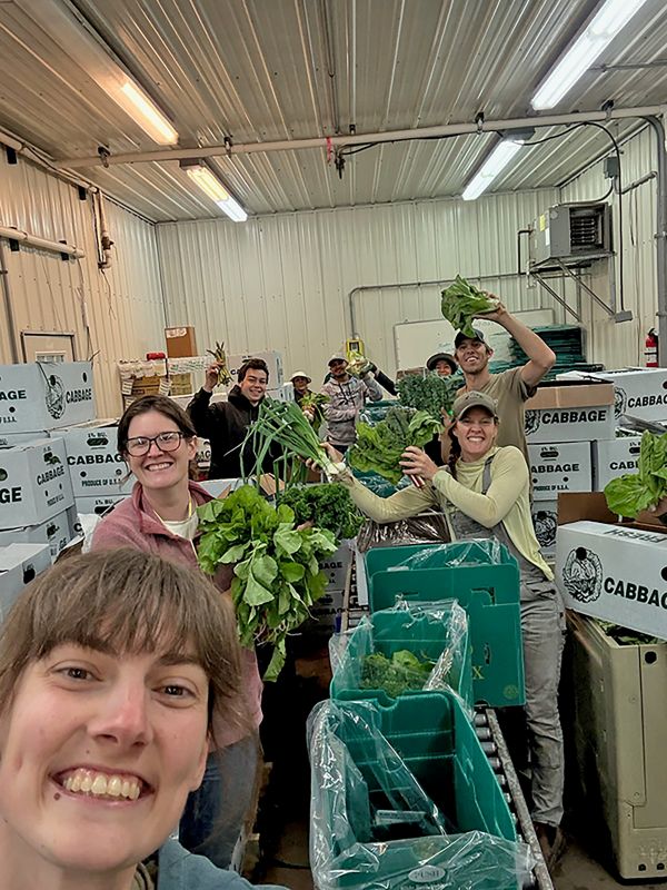 Featherstone Farm crew members pack CSA boxes. Photo submitted