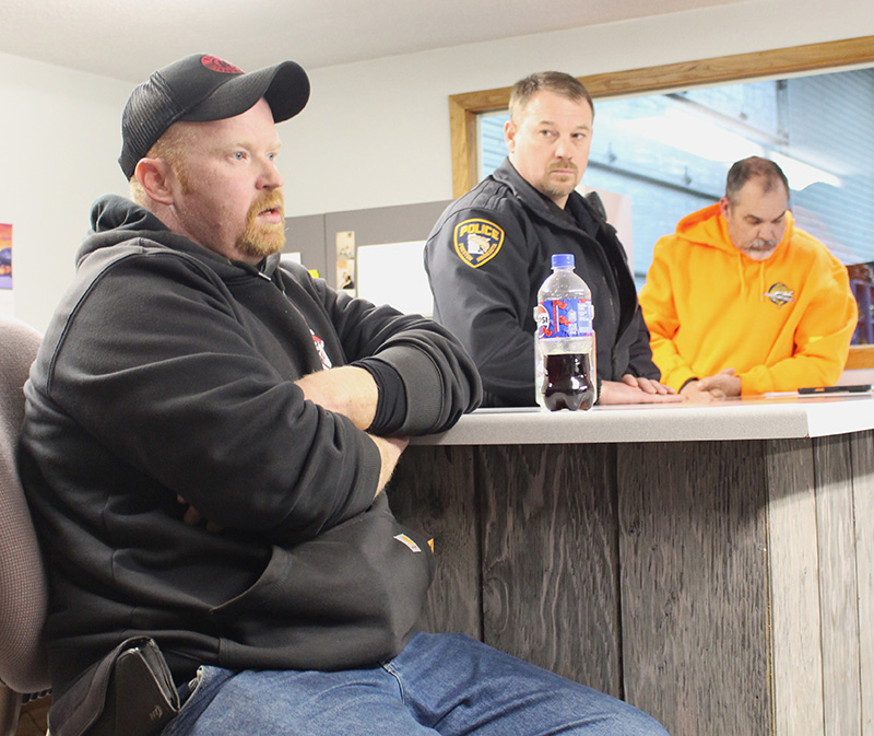 Fountain Public Works Director John Hanson, left, responds to council recommendations at the March 12 meeting. Also pictured are Preston Police Chief Blaise Sass, center, and consultant Rick Whitney, right. Photo by Kirsten Zoellner