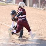 Chatfield’s Rylee Urban gets to home plate just ahead of the throw to Dover-Eyota catcher Nora Hansen. It was the game’s first run, as the Gophers built a 5-0 lead. They held on by a 5-4 final, recording the final out via a strike-three fouled-bunt attempt (with an Eagle runner on third). Photo by Paul Trende