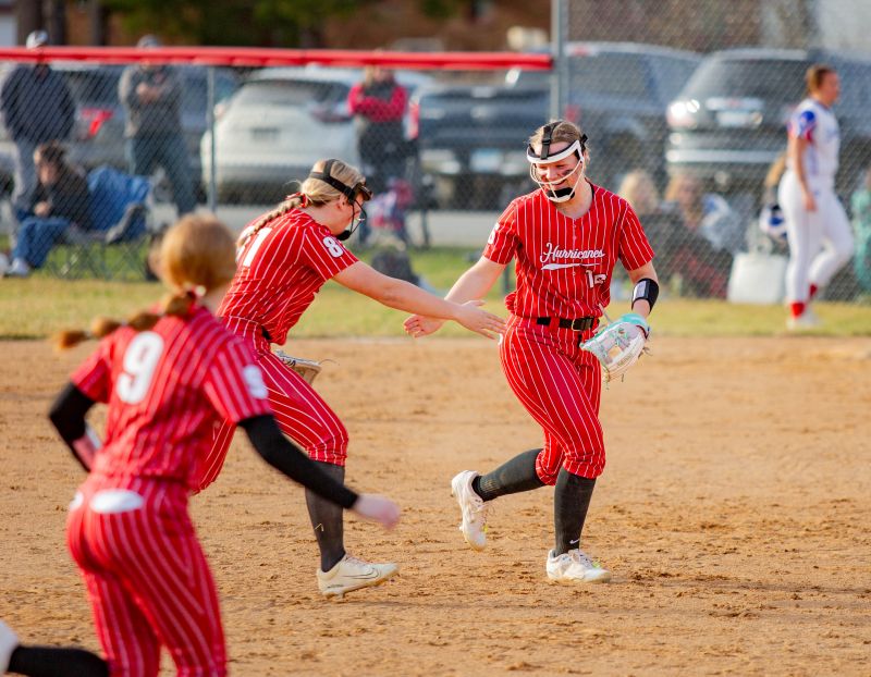 Versus Southland in a battle of the teams that shared the SEC softball title last year, Hurricanes Kylie Stinson (left) and Rylee Boldt (right) celebrate after both having been a part of the game’s final play, a double out. Houston won 17-1 in four innings to start the year 3-0. Photo by Emma Geiwitz